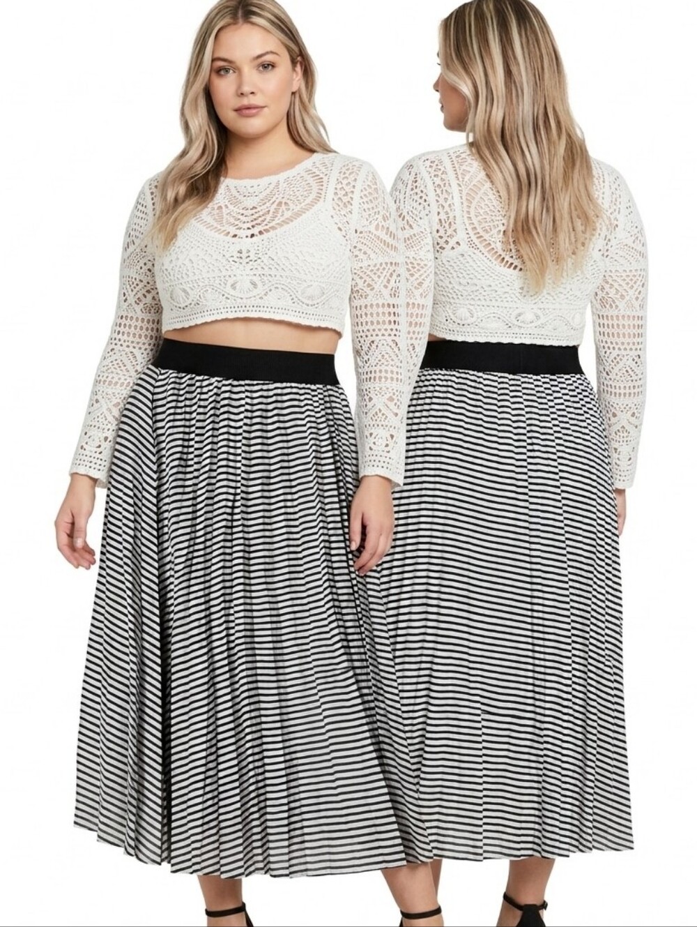 Nwt KATHY COLE Striped Pleated Midi Maxi Skirt Black White Crinkle 3XL Accordion